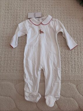 Classic White Footed One-Piece with Red Trim and Embroidered reindeer
